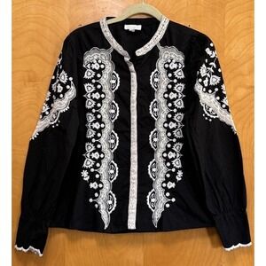 JENNIFER & GRACE 100% Cotton Black White Lace Embroidered Peasant Blouse Top L